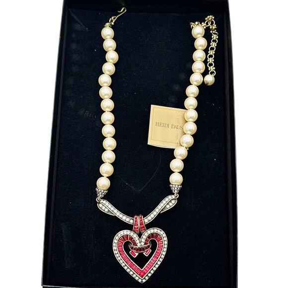 Heidi Daus Red Crystal Heart Faux Pearl Bronze Tone Necklace 18 20 Inch in Box - Picture 1 of 2